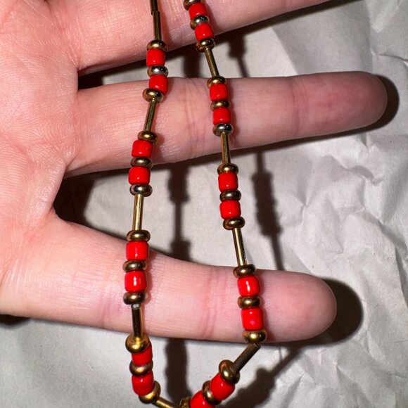 15" Shiny Orange Red and Bold Beaded Necklace - Picture 7 of 11
